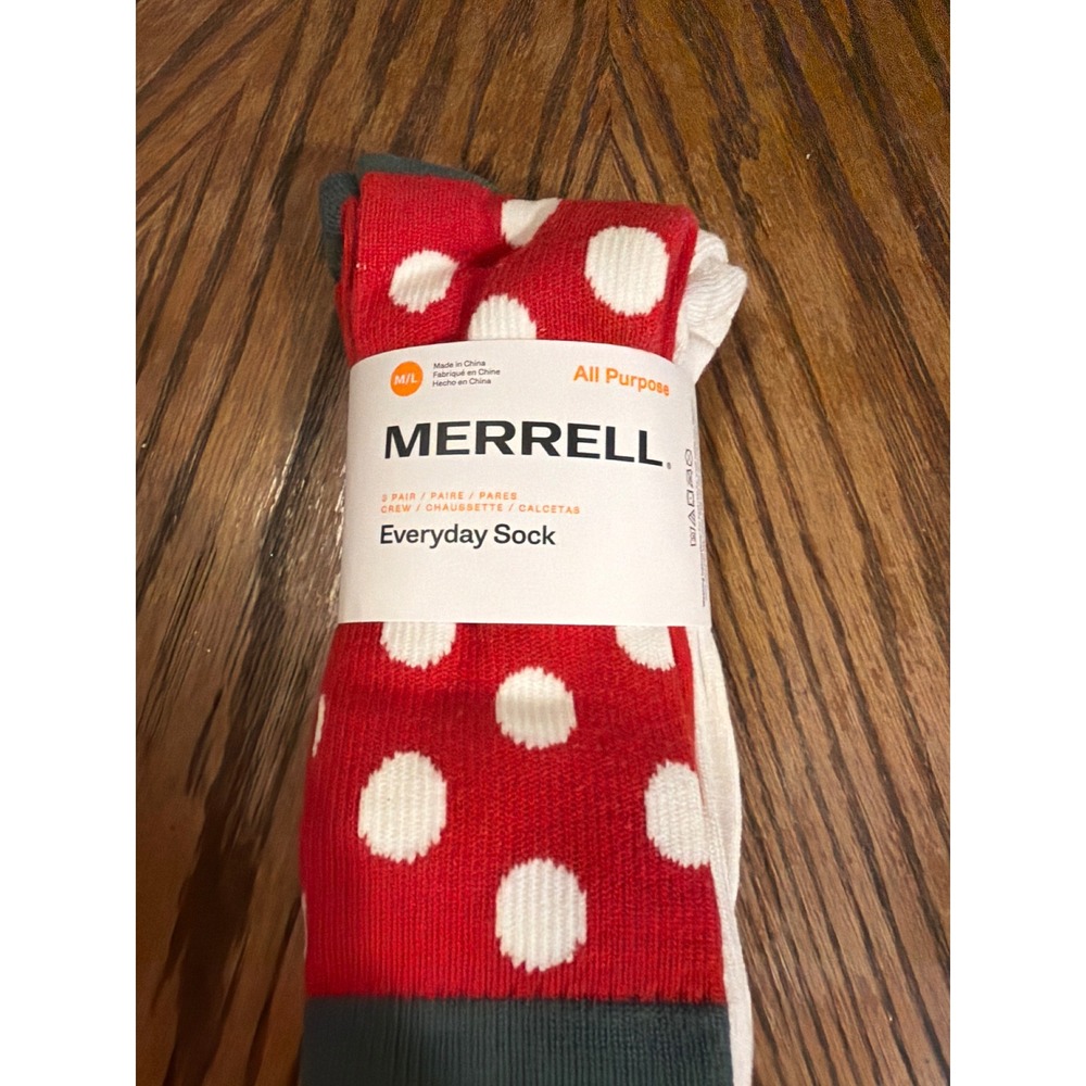 Merrell Everyday Sock 3 Pair Pack Red Polka Dot Cream Blue Crew Socks M/L NEW